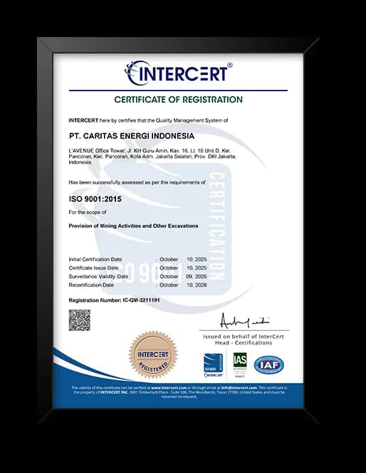 Sertifikat ISO 9001:2015 Sistem Manajemen Mutu PT Caritas Energi Indonesia dari InterCert