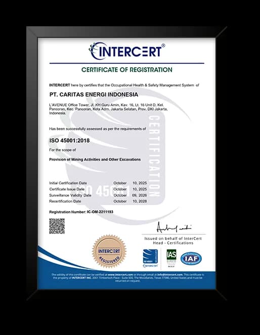 Sertifikat ISO 45001:2018 Sistem Manajemen Keselamatan dan Kesehatan Kerja PT Caritas Energi Indonesia dari InterCert